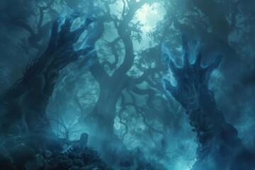 ethereal spectral hands emerging from misty graveyard moonlit fog swirling around gnarled trees eerie blue glow illuminating ghostly fingers
