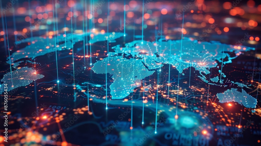 Poster 3d animation of digital world map with colorful network connections