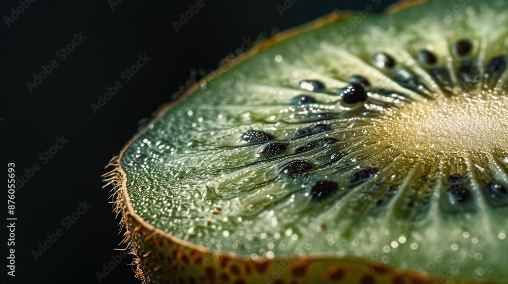 Poster Vivid Macro Shot of Kiwi Fruit with Seeds on Dark Background in Soft Light