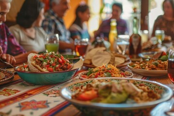 Obraz premium festive mexican family dinner with traditional dishes colorful decorations and multigenerational gathering warm lighting emphasizes the joyful atmosphere