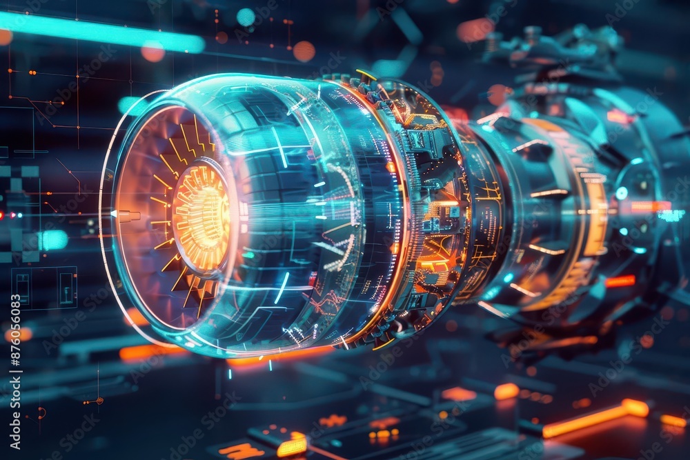 Aufkleber futuristic aircraft engine crosssection holographic overlay with technical data sleek design blends 