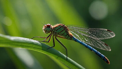 Fototapeta premium Dragonfly perched on a green leaf