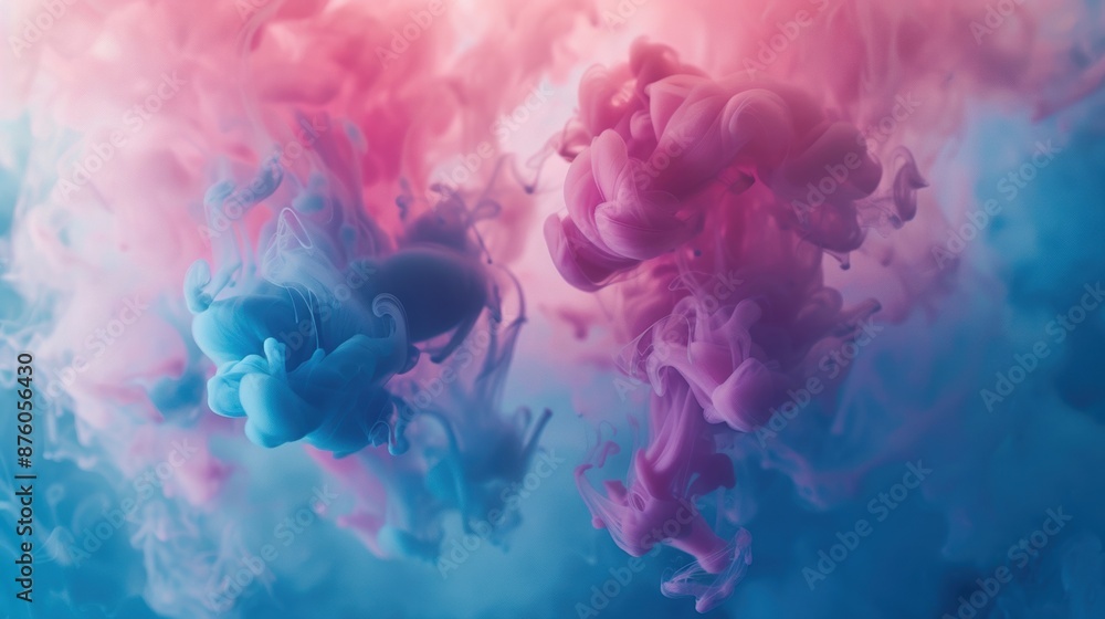 Poster abstract image of pink and blue ink swirling in water, creating a vibrant and ethereal visual effect