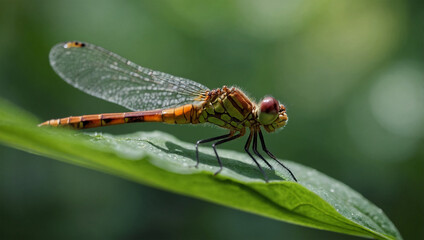 Dragonfly perched on a green leaf