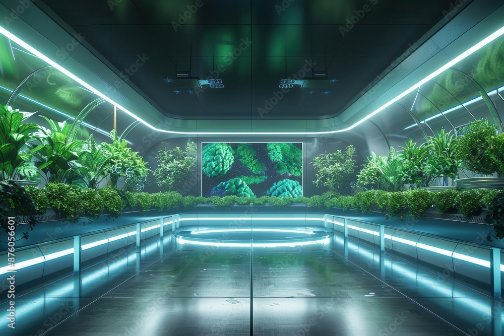 Poster futuristic smart farm command center with holographic crop data displays autonomous drones and aiass