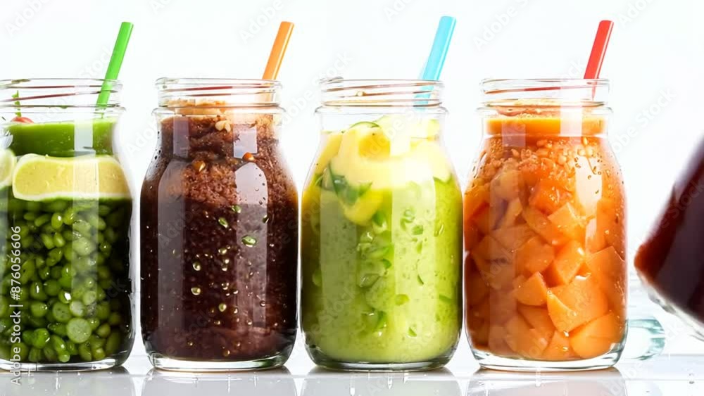 Aufkleber row of colorful fruit and vegetable smoothies in glass bottles generative ai