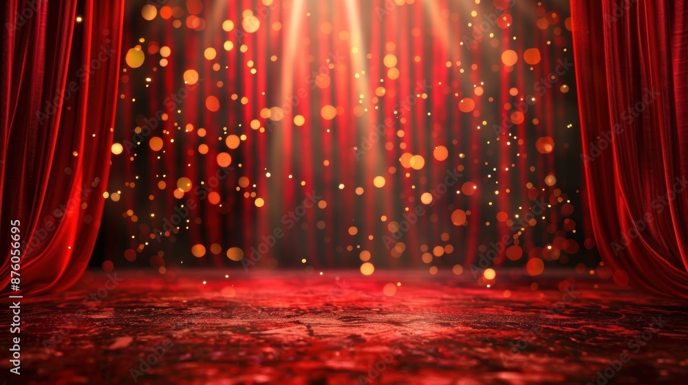 Poster a red stage curtain with sparkling lights and bokeh effects, creating a dramatic and glamorous theat