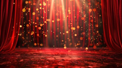 A red stage curtain with sparkling lights and bokeh effects, creating a dramatic and glamorous theatrical ambiance.
