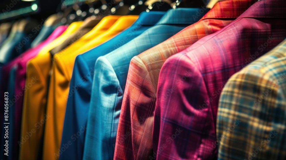 Poster a row of colorful suits on hangers, showcasing a variety of patterns and styles in a retail environm