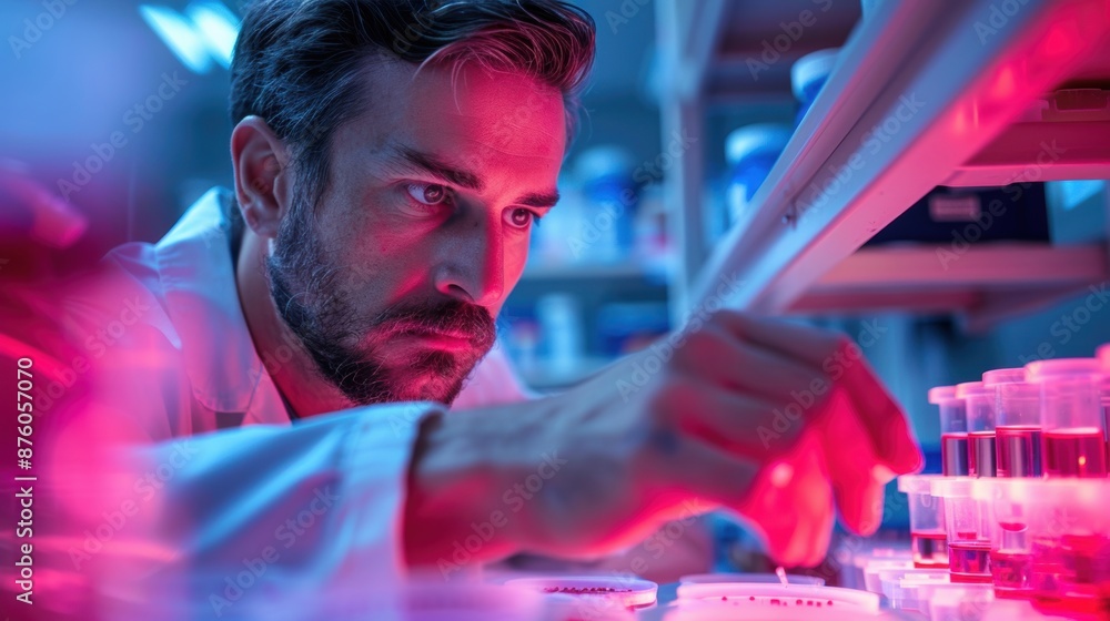 Aufkleber a focused scientist in a laboratory setting, performing experiments with test tubes and advanced equ