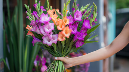One hand holding a large bouquet of purple and orange pionies made by a florist. modern long shape, modern look. coffeeshop