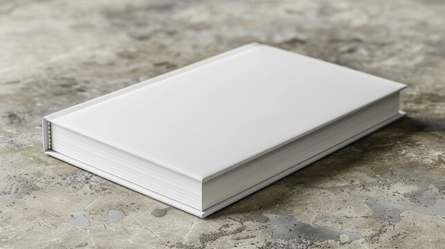 A blank white book lies on a stone surface, ready for customization or design, perfect for mock-ups and presentations.