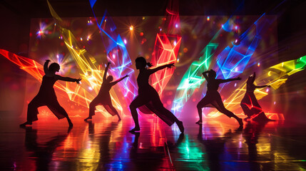 Light patterns projected onto dancers or performers during a stage show 
