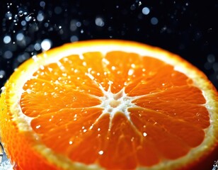 orange slice with drops of juice and water on a black background. macro