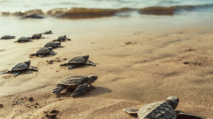 Baby sea turtles crawling to ocean after hatching eggs.