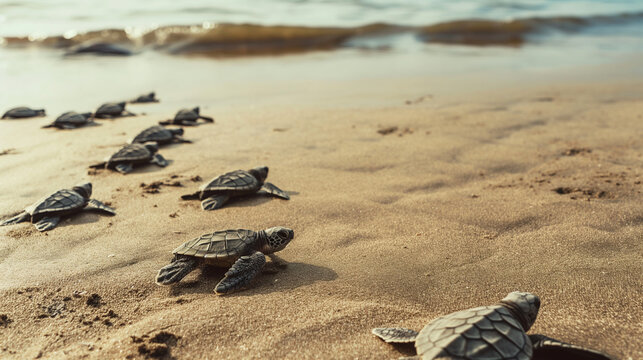 Baby sea turtles crawling to ocean after hatching eggs.