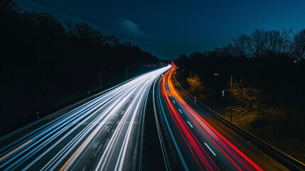 Light trails from passing vehicles on a busy highway at night 
