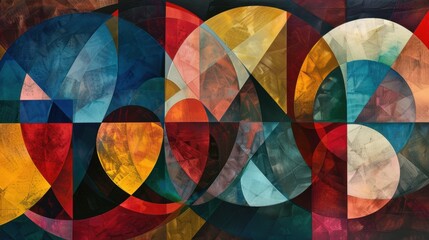 abstract composition featuring dynamic shapes and vibrant colors. The image explores the interplay of geometric forms such as circles, squares, and triangles, arranged in a harmonious yet