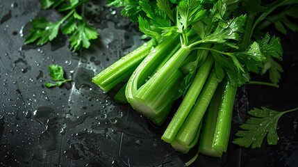 Obraz premium Fresh Green Celery Stalks with Water Droplets on Dark Textured Background