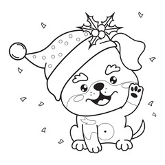 Cute Christmas dog in Santa hat with holly. Holiday outline cartoon kawaii animal character. Line drawing, coloring book. Vector illustration