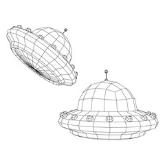 UFO vehicle unidentified flying saucer alien ship. Wireframe low poly mesh vector illustration