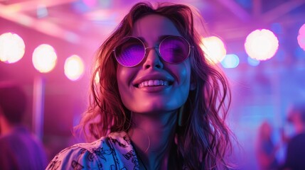 Woman Wearing Sunglasses Smiles at a Nightclub. Generative AI