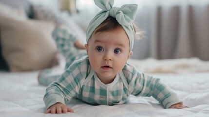 A baby girl wearing a blue and white plaid headband and matching outfit lies on her tummy on a white bed, looking up with big blue eyes.