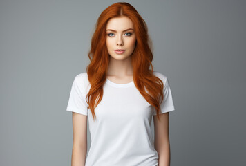 Obraz premium A young woman with striking red hair stands against a plain grey background, wearing a white t-shirt. Her clear blue eyes and vibrant hair create a stunning contrast, highlighting her unique beauty