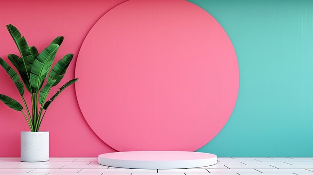 A simple geometric podium mockup featuring a bright with complementary colors, ideal for advertising presentations that require striking and balanced visuals. Clean and Clear Color, Realistic Photo,