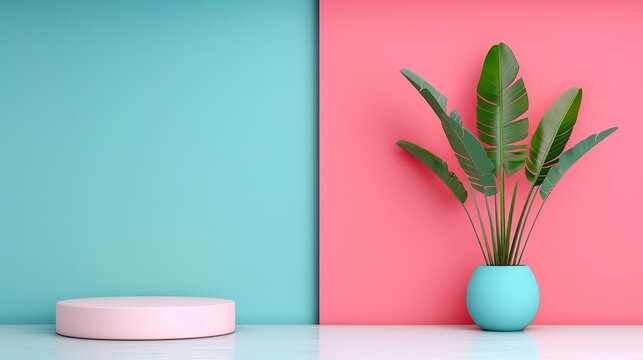 A simple geometric podium mockup featuring a bright with complementary colors, ideal for advertising presentations that require striking and balanced visuals. Clean and Clear Color, Realistic Photo,