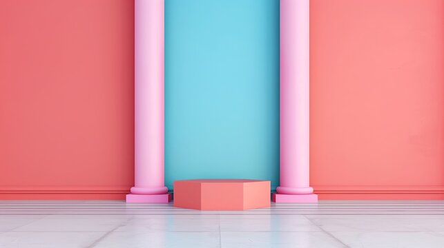 A simple geometric podium mockup featuring a bright with complementary colors, ideal for advertising presentations that require striking and balanced visuals. Clean and Clear Color, Realistic Photo,