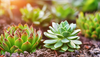 Succulents growing in garden. Beautiful green plants. Creative natural background.