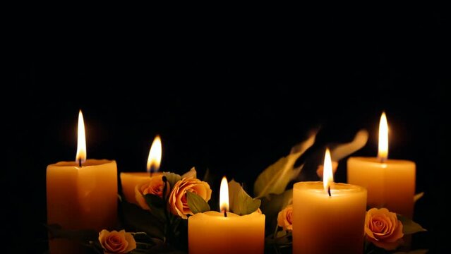 Burning Candles and Flowers on a Black Background Generative AI