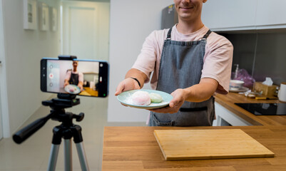 The chef is broadcasting live from workshop how to prepare a delicious Japanese mochi