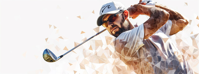 A golfer's powerful swing is frozen in time, the player's focused expression capturing the intensity of the stroke. Copy space.