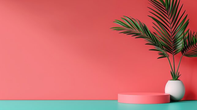 A simple geometric podium mockup featuring a bright with complementary colors, perfect for advertising presentations that require striking and engaging visuals. Clean and Clear Color, Realistic