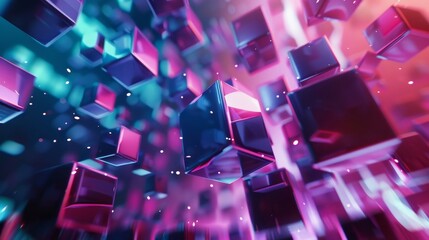 Abstract scene of floating 3D cubes in vibrant neon colors with a futuristic atmosphere