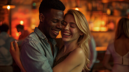Obraz premium Joyful interracial couple embracing and smiling in a cozy bar.