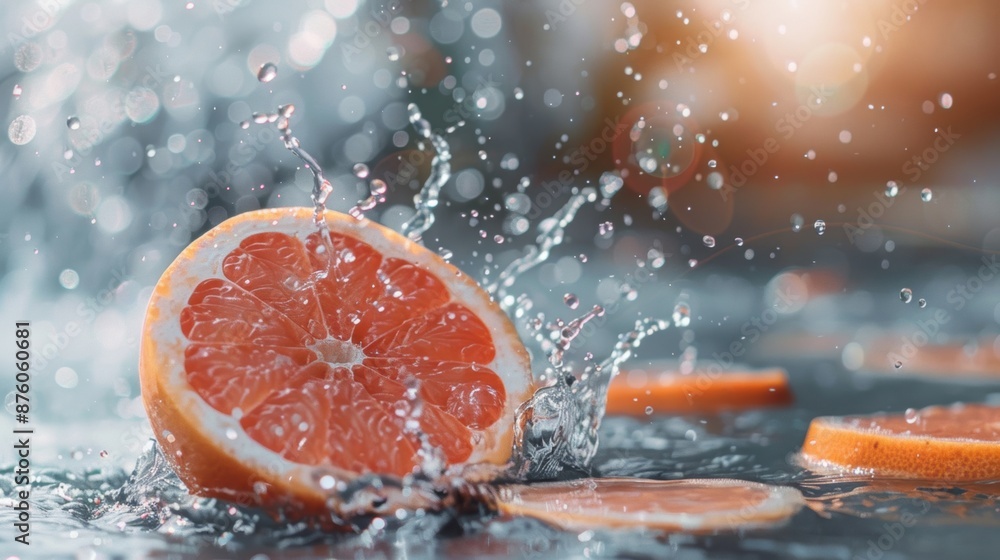 Poster fresh grapefruit slice splashing in water with droplets and bokeh lights, capturing a refreshing and
