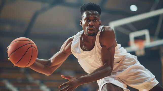 Basketball Player Dribbling During a Game on an Indoor Court. Generative AI