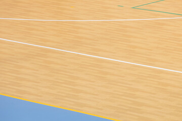Wooden floor basketball, badminton, futsal, handball, volleyball, football, soccer court. Wooden floor of sports hall with marking lines on wooden floor indoor, gym court
