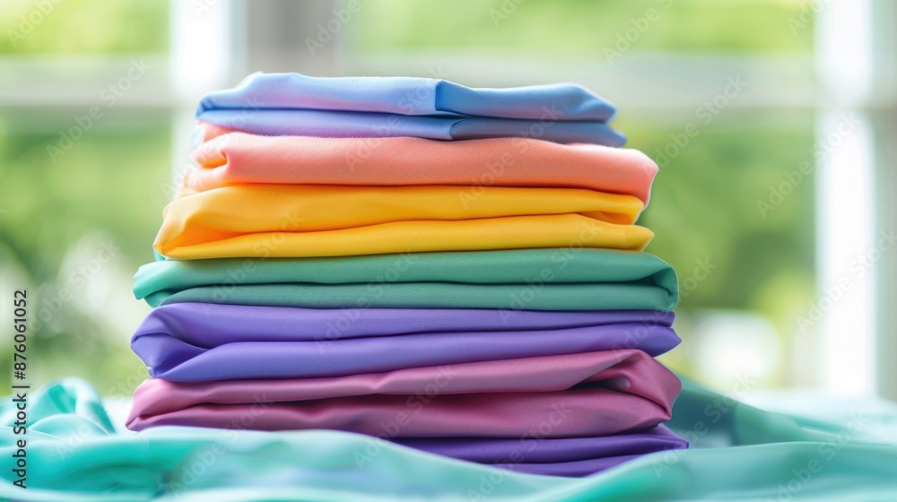Poster a stack of colorful fabrics neatly folded, illuminated by natural light from a window, creating a ch