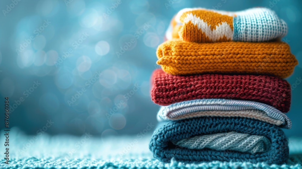 Poster a stack of cozy knitted sweaters in various colors, placed on a table with a soft bokeh background, 