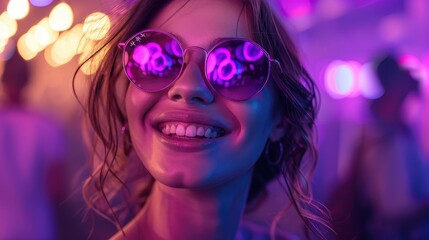 Woman Smiling at a Nighttime Event Wearing Sunglasses. Generative AI