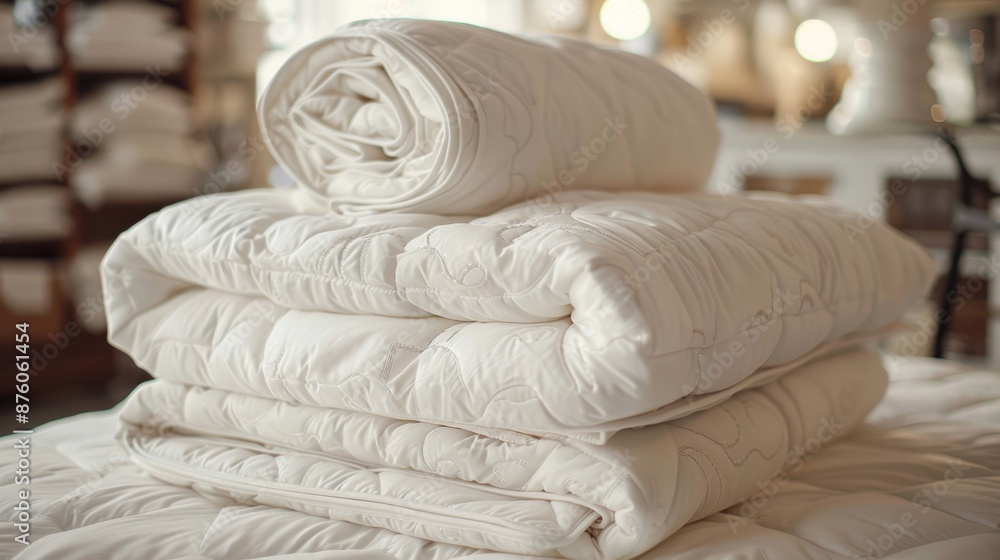 Poster A stack of folded white comforters arranged neatly, showcasing their soft texture and inviting appearance in a cozy setting.