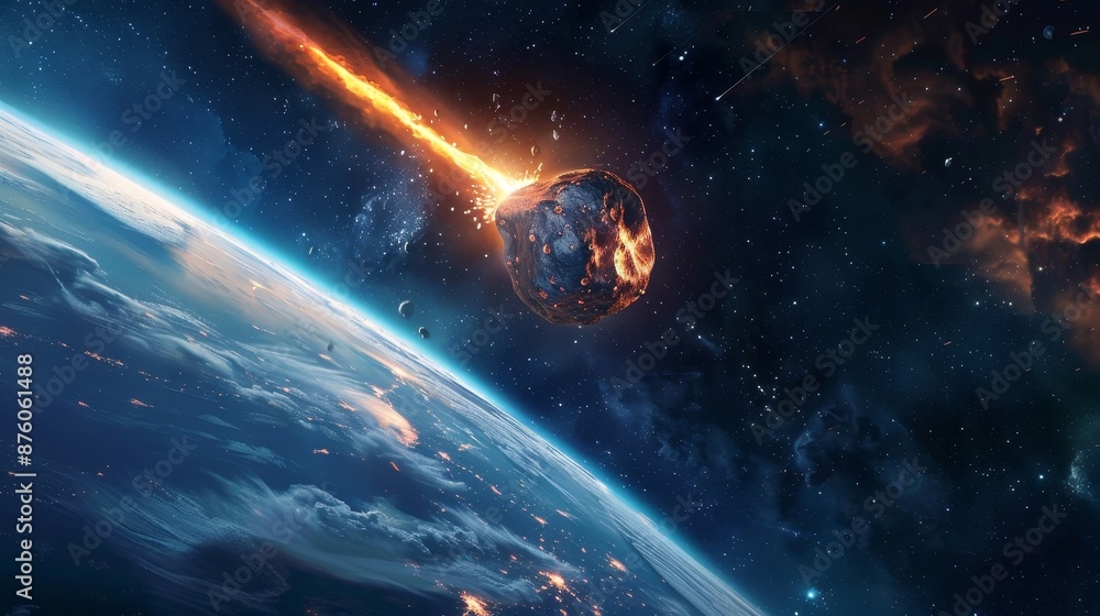 Poster asteroid approaching earth in outer space with stars in the background