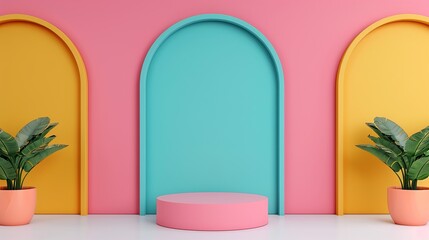 A simple geometric podium mockup set against a bright with complementary colors, perfect for creating striking and balanced visuals for advertising presentations. Clean and Clear Color, Realistic