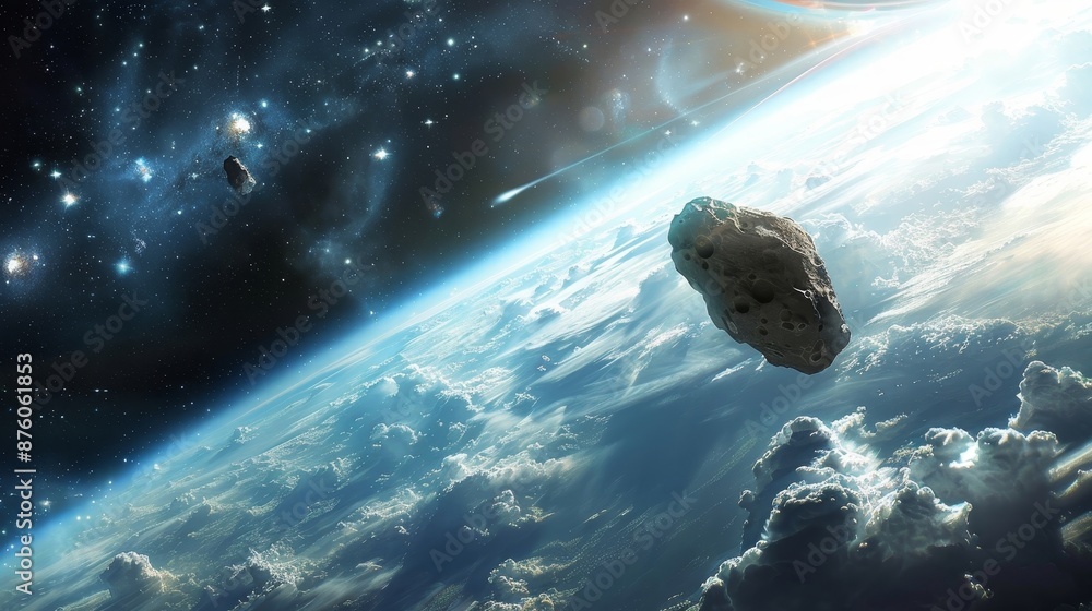 Poster asteroid approaching earth in outer space with stars in the background