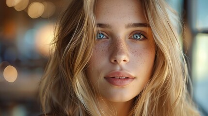 Fototapeta premium Close Up Portrait Of A Young Woman With Blonde Hair And Blue Eyes Looking Directly At The Camera. Generative AI