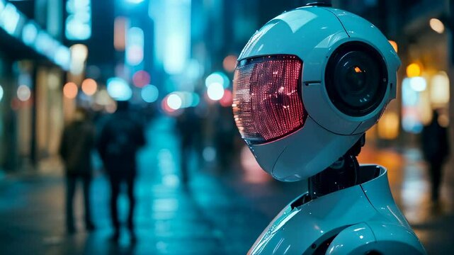 Side view of a modern robot with a red visor in a nighttime cityscape, symbolizing the future of robotics and artificial intelligence in everyday environments., monitoring , security